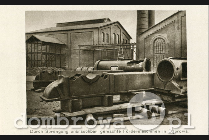 1914 r. Durch Sprengung unbrauchbar gemachte Fördermaschinen in Dąbrowa (Kopalnia Paryż)