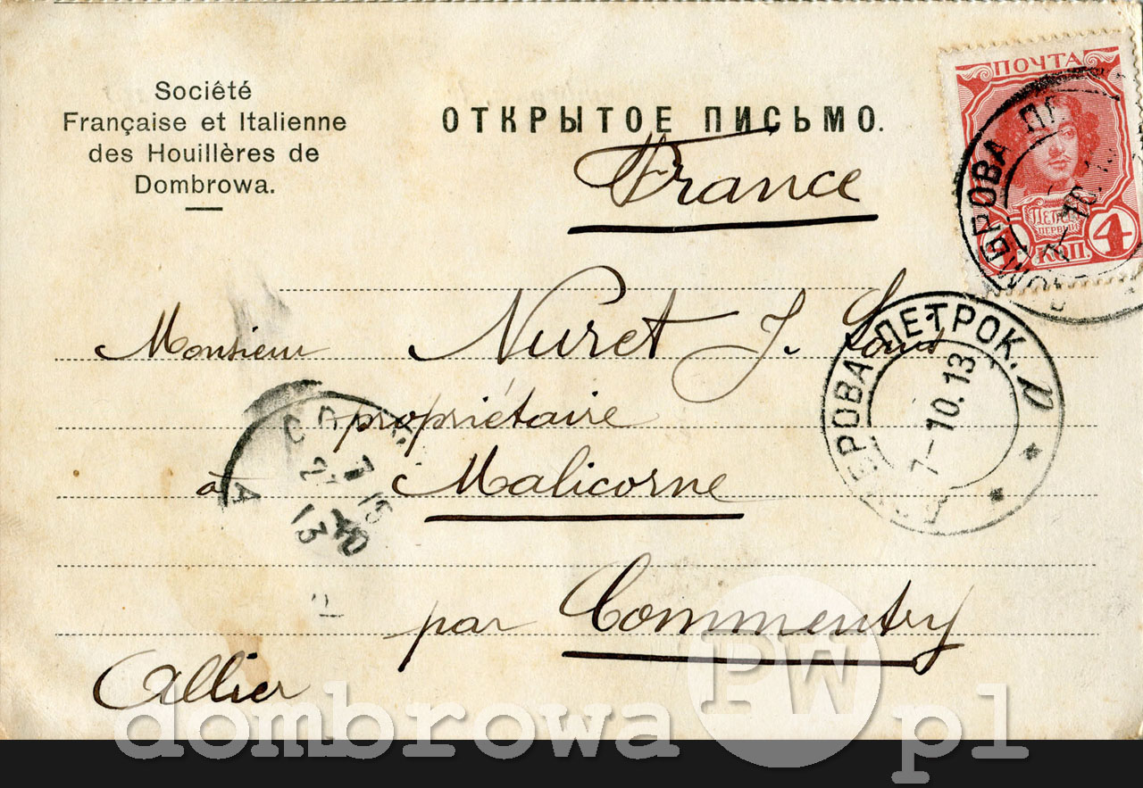 1913 r. Société Française et Italienne des Houillères de Dombrowa (karta)