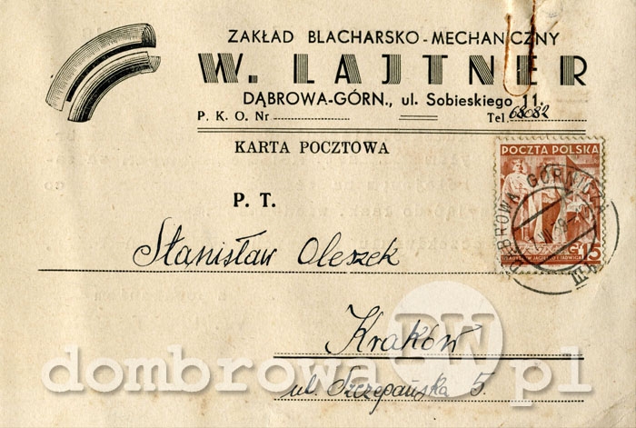 1939 r. Zakład Blacharsko - Mechaniczny W. Lajtner Dąbrowa Górnicza (karta)