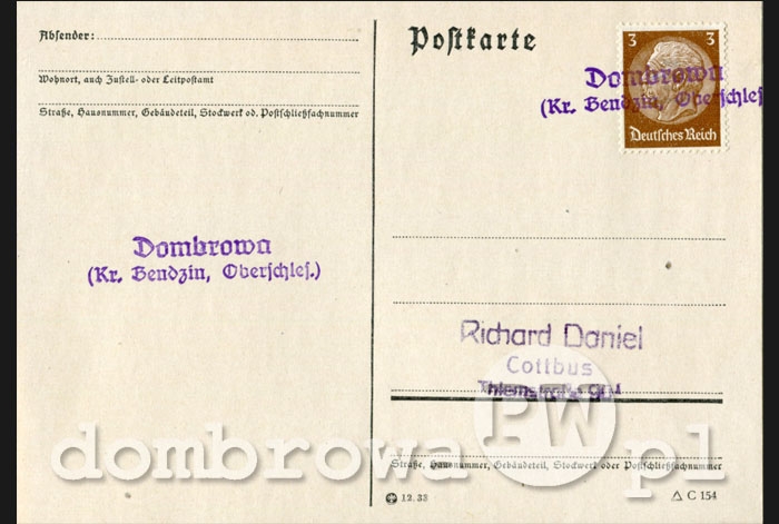 1940 r.  Postkarte - Dombrowa Kreis Bendzin, Oberschlesien (karta)