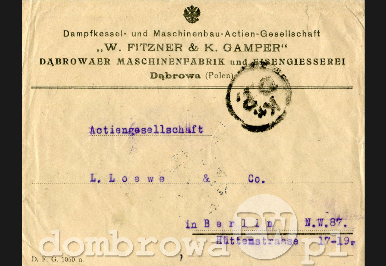 1920 r. W. Fitzner & K. Gamper Dąbrowaer Meschinenfabrik und Eisengiesserei (karta)