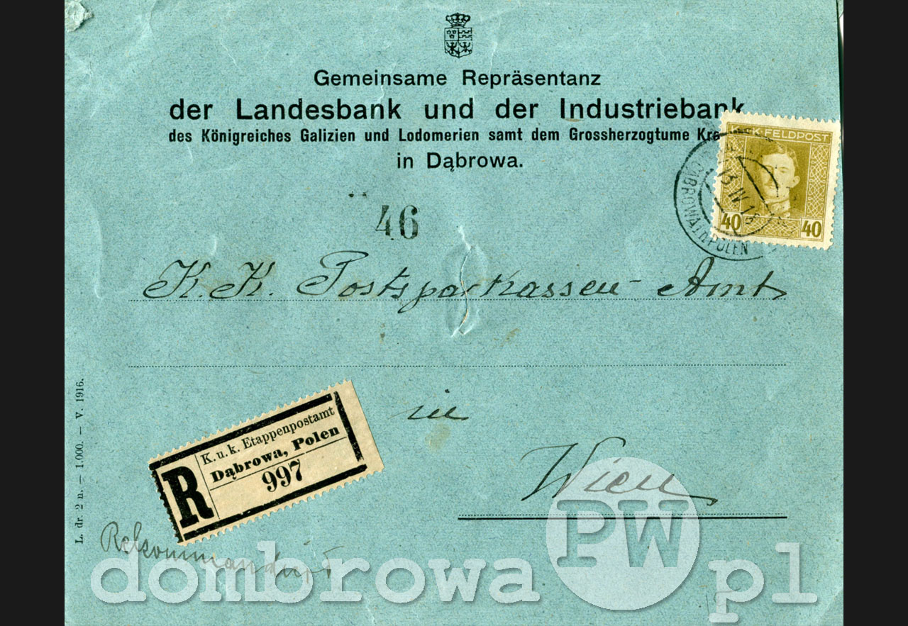 1918 r. Gemeinsame Repräsentanz der Landesbank und der Industriebank in Dąbrowa (koperta)