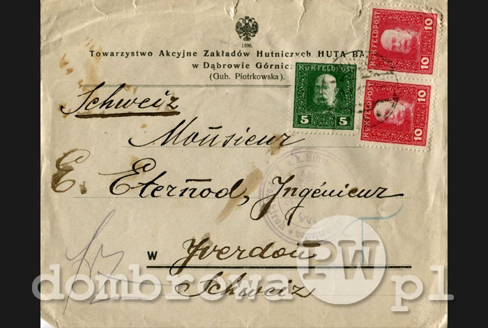 1896 r. (1916 r.) Towarzystwo Akcyjne Zakładów Hutniczych Huta Bankowa w Dąbrowie Górniczej (Gub. Piotrkowska)