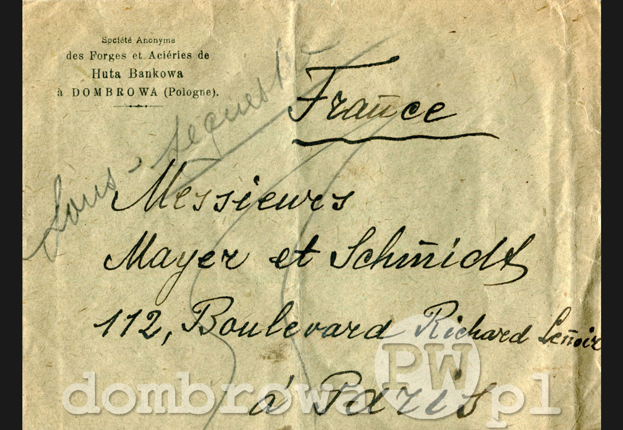 1923 r. Société Anonyme des Forges et Aciéries de Huta Bankowa à Dombrowa (koperta)