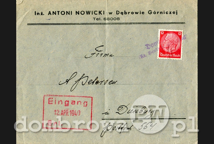 1940 r. Inż. Antoni Nowicki w Dąbrowie Górniczej (koperta)