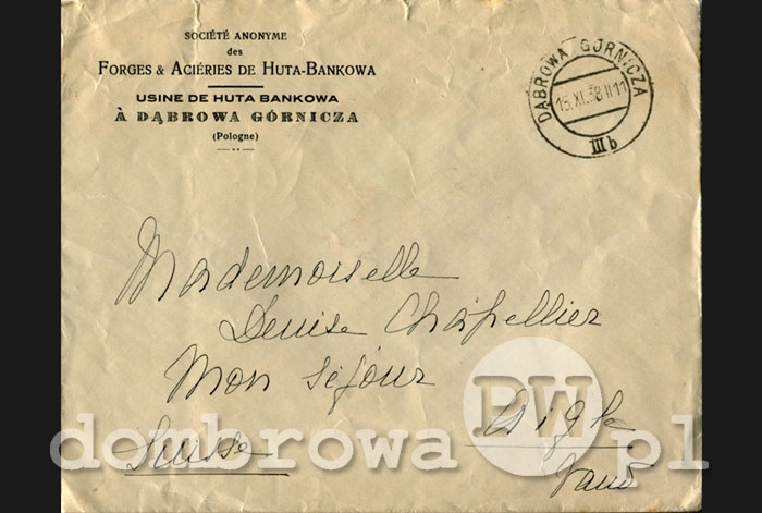 1938 r. Société Anonyme des Forges et Aciéries de Huta Bankowa Usine de Huta Bankowa à Dąbrowa Górnicza (Pologne) (koperta)